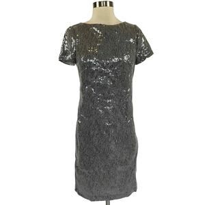 Ralph Lauren Women's Cocktail Dress Size 4 Silver Sequined Short Sleeve Sheath